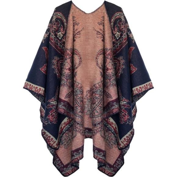 Women's Color Block Shawl Wrap Open Front Poncho Cape - Picture 1 of 7